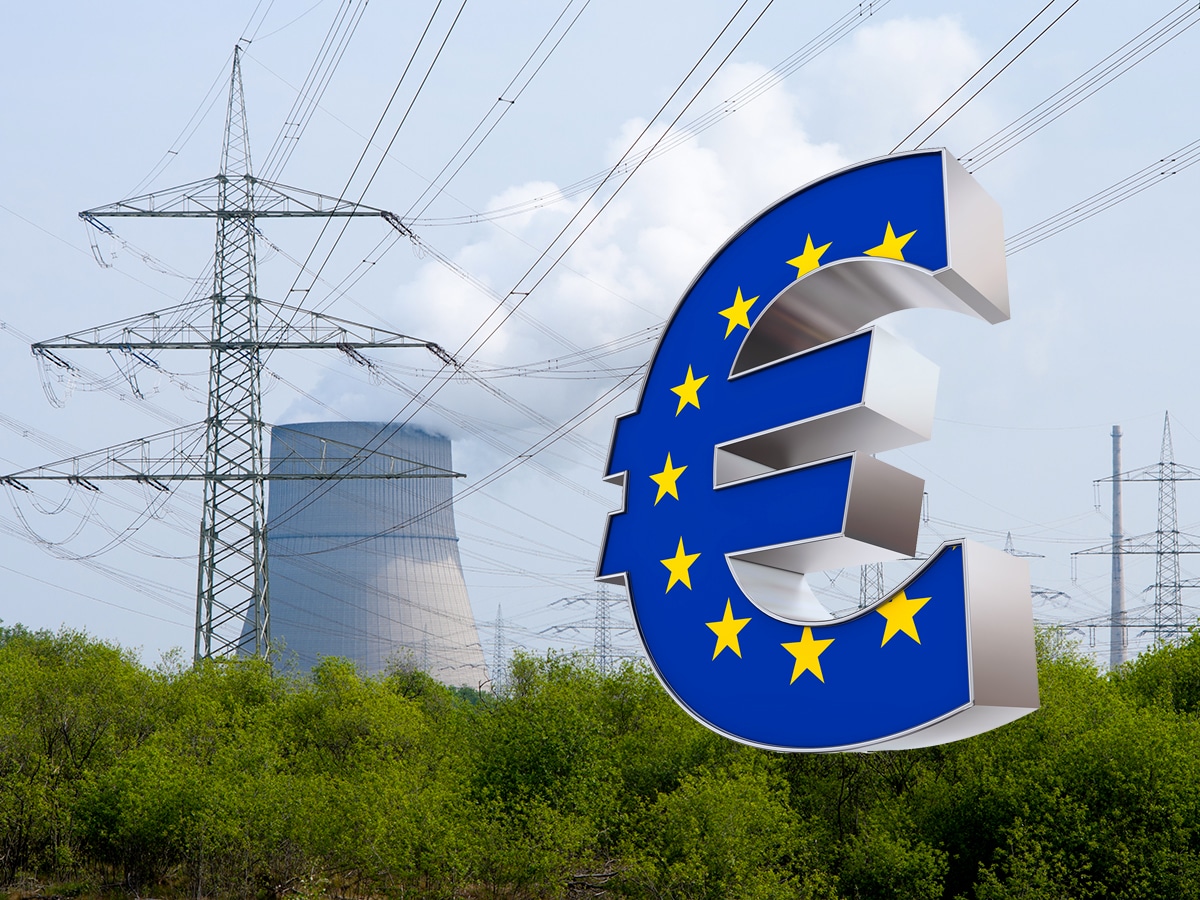 Une tour aéroréfrigérante de centrale nucléaire dans la verdure avec des arbres avec des lignes électriques très haute tension et le logo de l'euro avec le drapeau bleu de l'Europe.