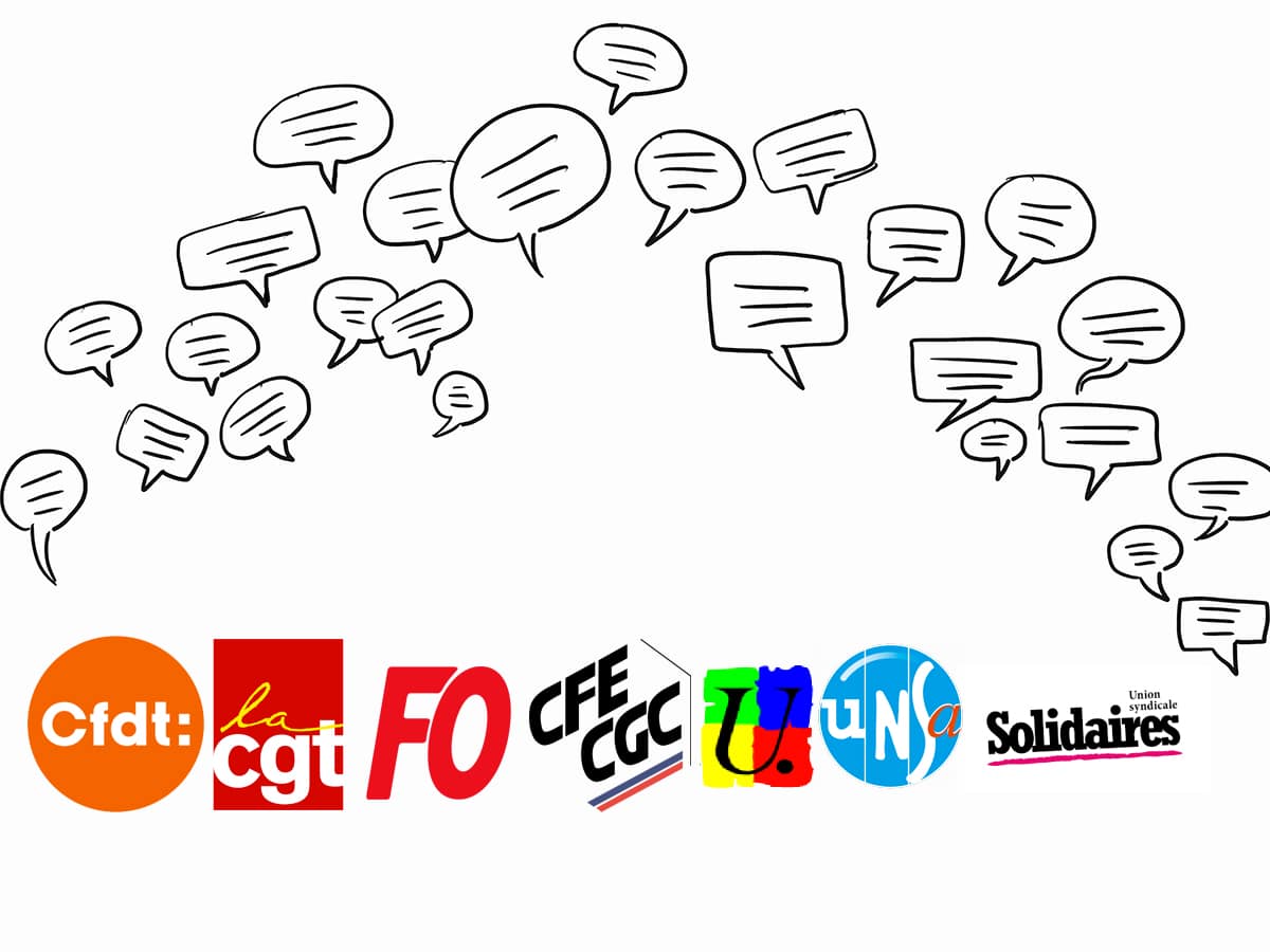 Bulles de dialogues noires avec des traits, et les logos des organisations syndicales en dessous.