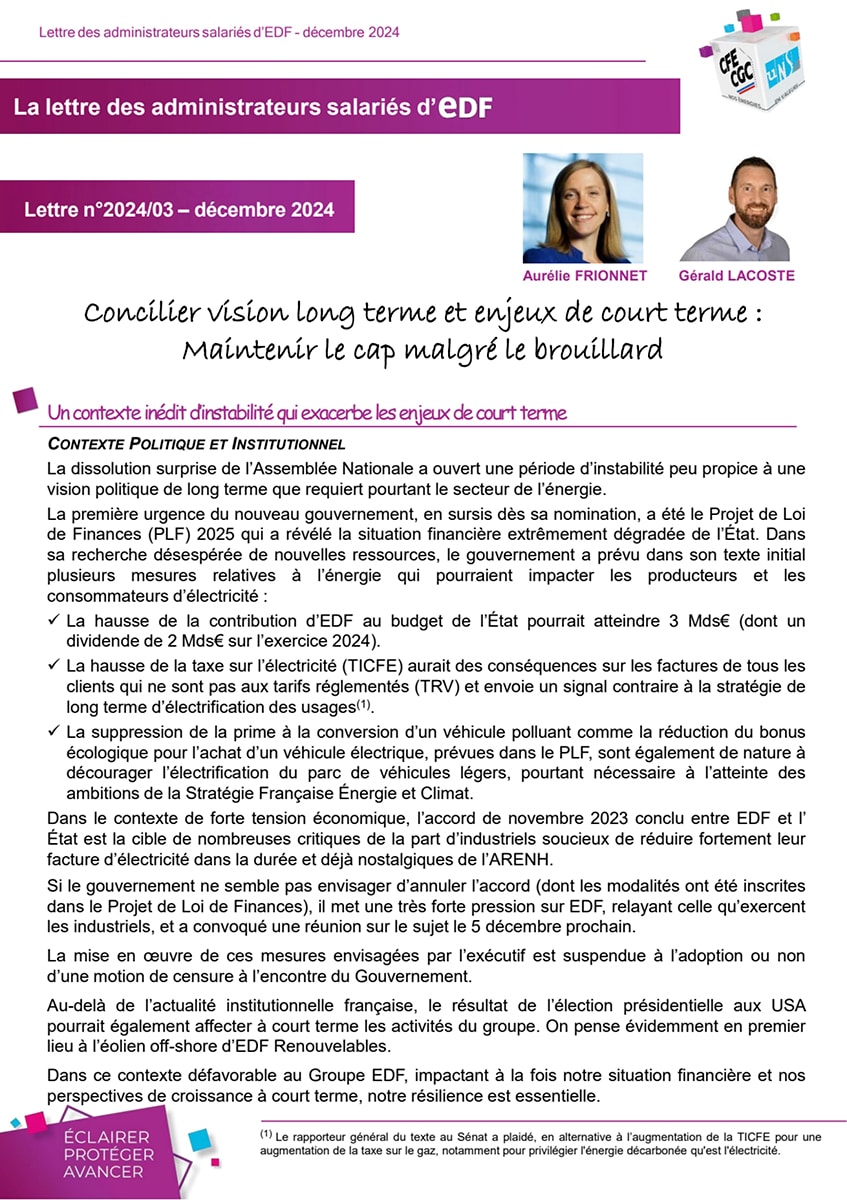 Couverture Lettre des administrateurs salariés d'EDF - Décembre 2024