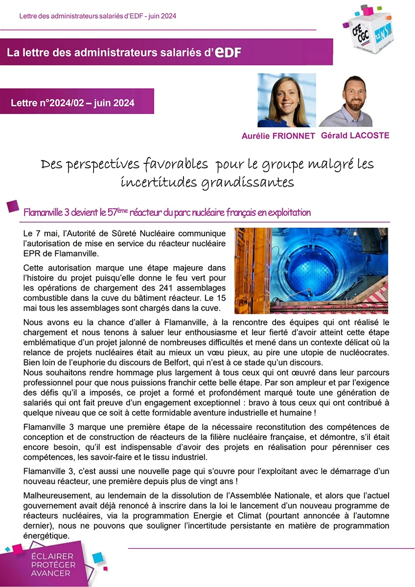 Couverture Lettre des administrateurs salariés d'EDF - Juin 2024