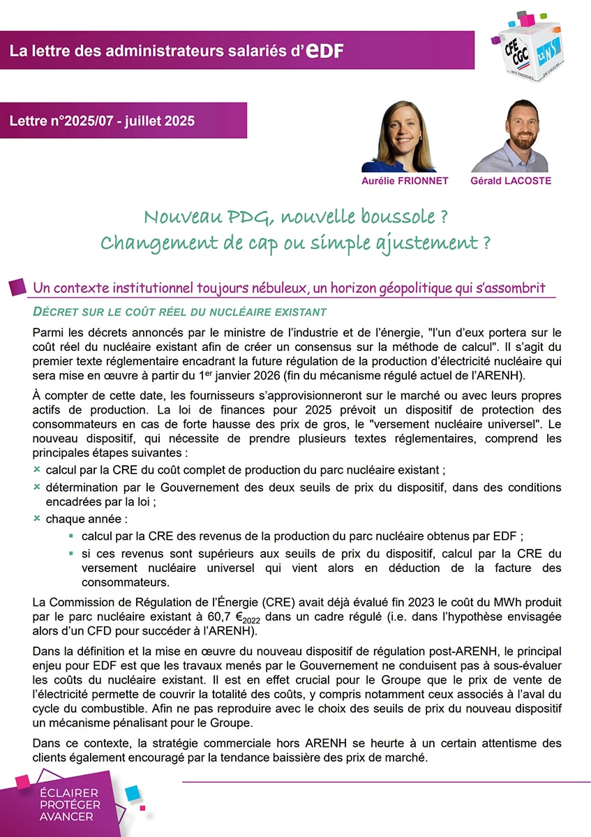 Couverture Lettre des administrateurs salariés d'EDF - Juillet 2025
