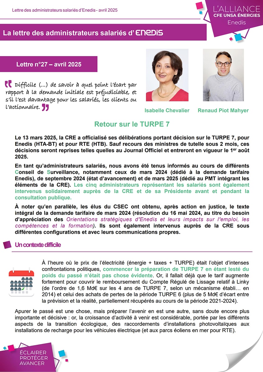 Couverture Lettre des administrateurs salariés d'Enedis - Avril 2025
