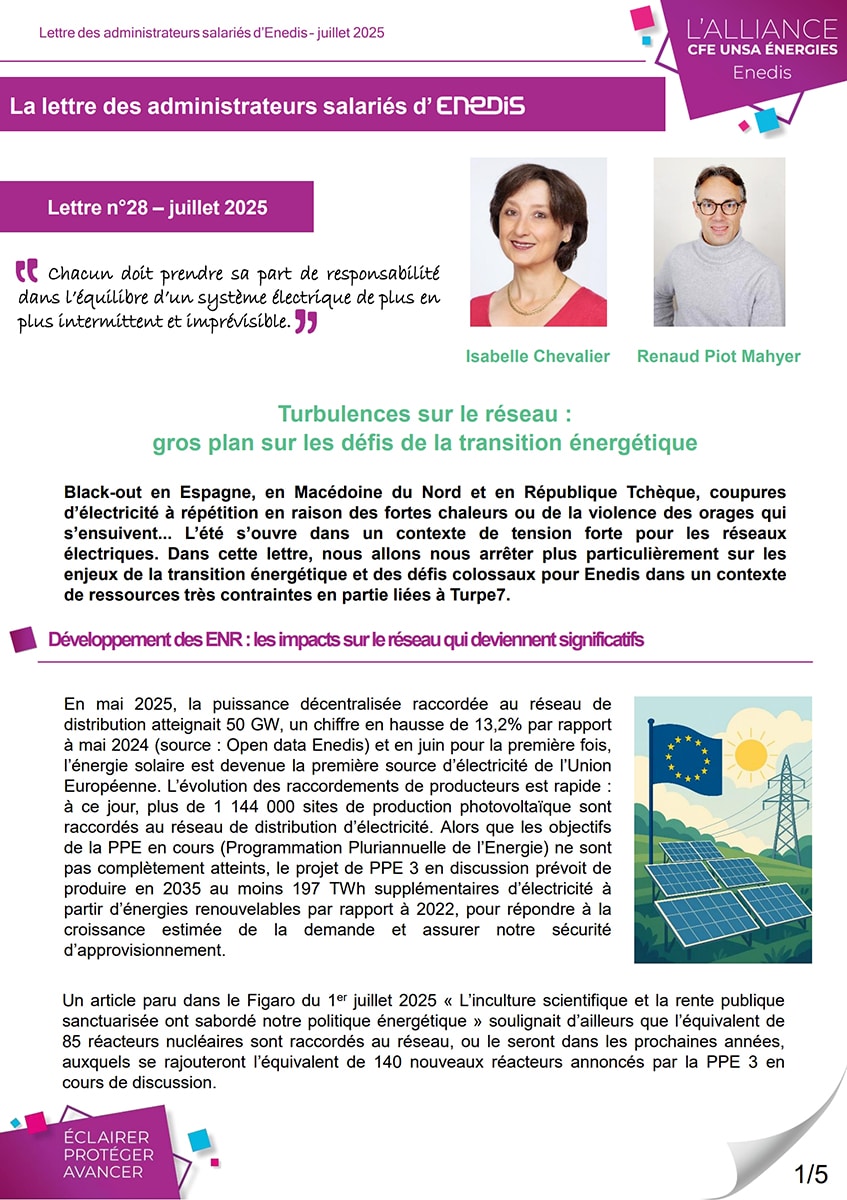 Couverture Lettre des administrateurs salariés d'Enedis - Juillet 2025