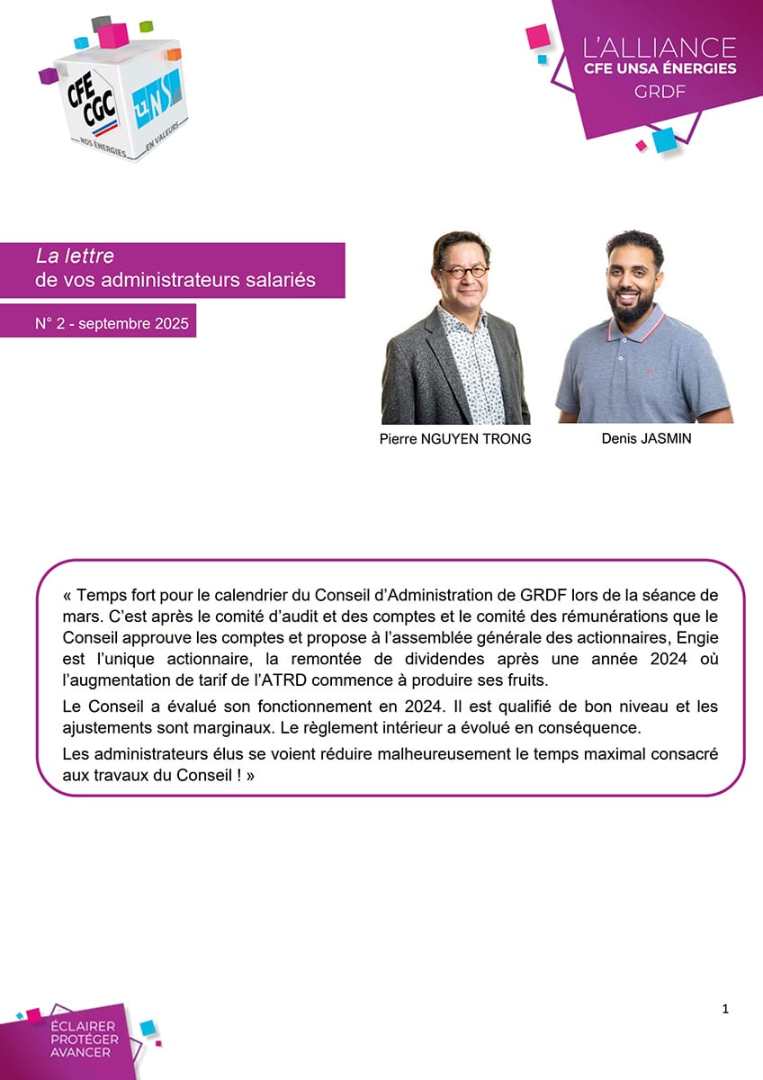 Couverture Lettre des administrateurs salariés GRDF - septembre 2025