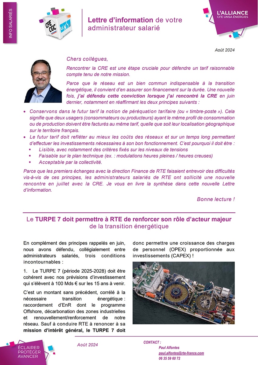 Couverture Lettre des administrateurs salariés RTE - Aout 2024