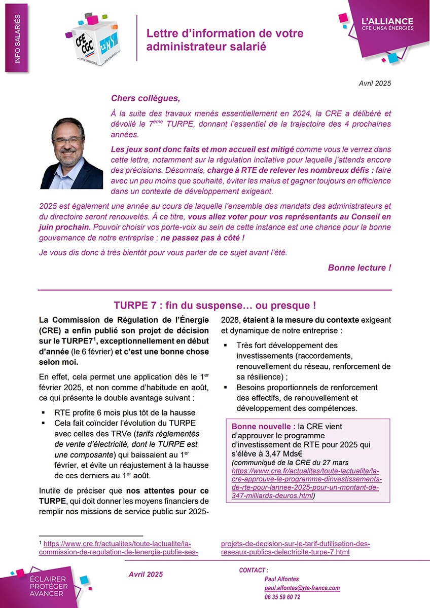 Couverture Lettre des administrateurs salariés RTE - avril 2025