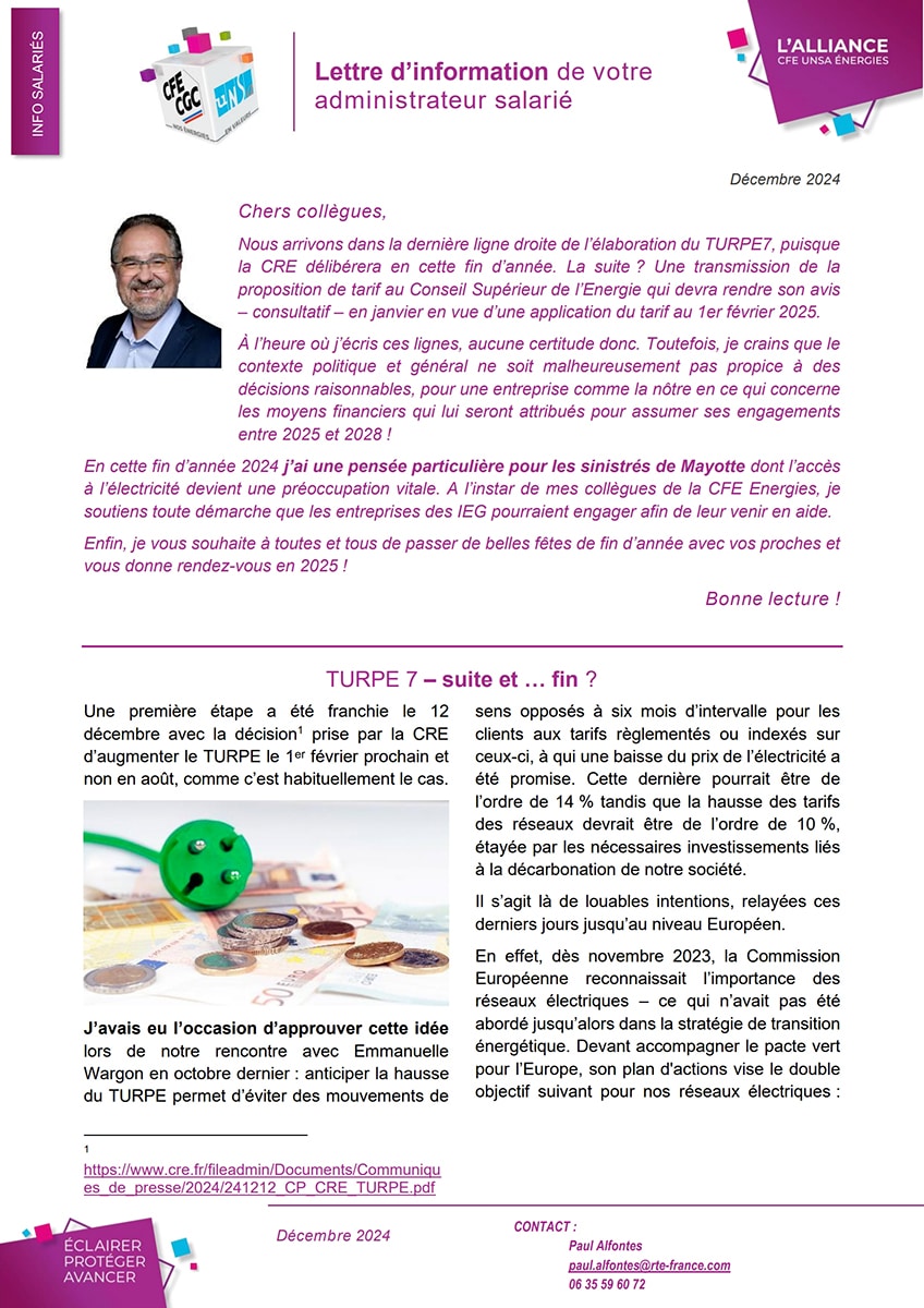 Couverture Lettre des administrateurs salariés RTE - décembre 2024
