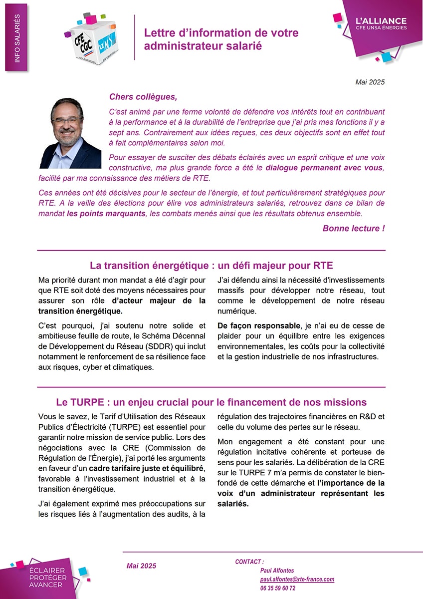 Couverture Lettre des administrateurs salariés RTE - mai 2025