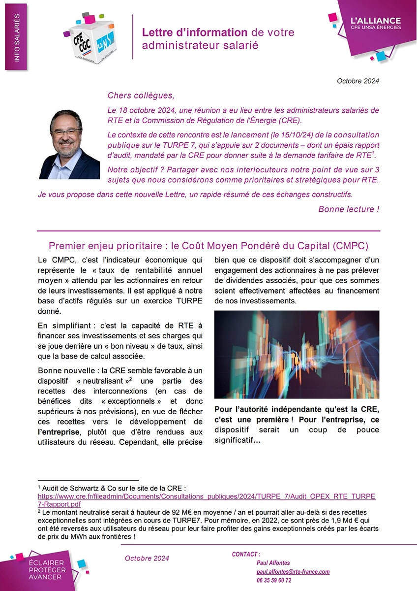 Couverture Lettre des administrateurs salariés RTE - octobre 2024