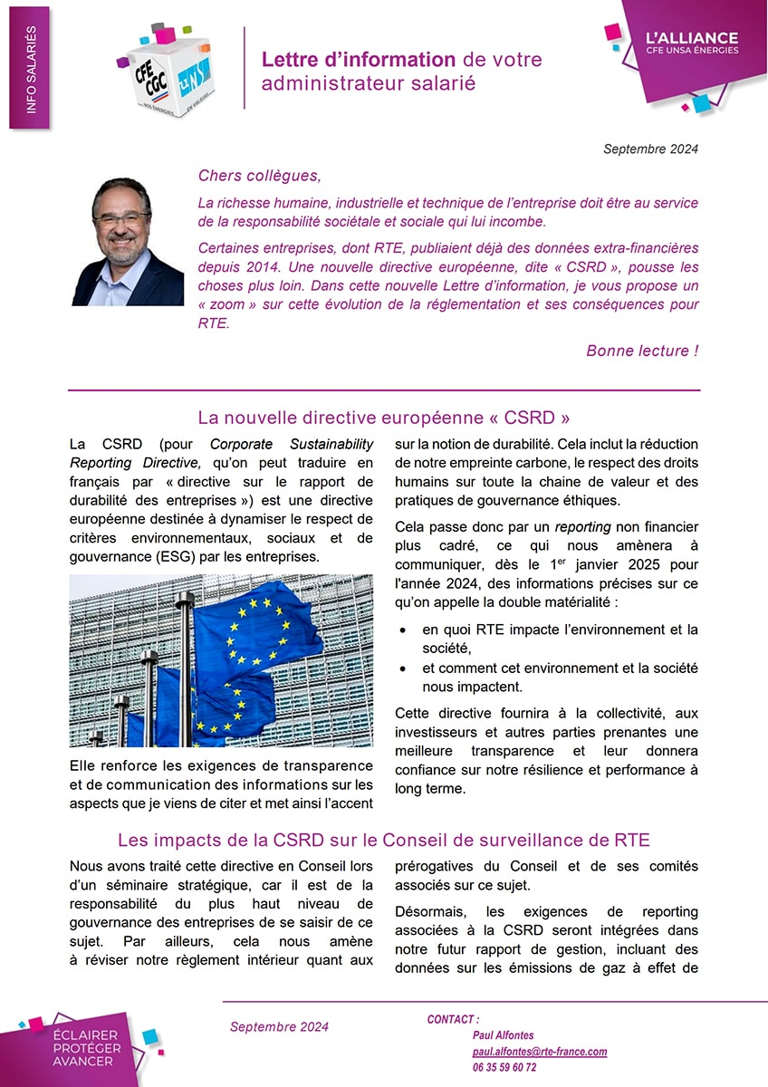 Couverture Lettre des administrateurs salariés RTE - septembre 2024