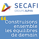 logo partenaire SECAFI avec la phrase sur fond bleu : Construisons ensemble les équilibres de demain