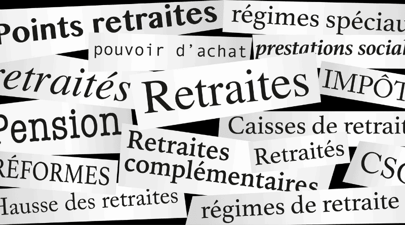 Plusieurs titres en noir et blanc sur Retraites, pension, régimes spéciaux, retraités