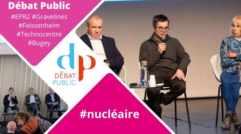 Illustration de l'article sur le debat public avec deux photos des debats, le logo Debat public et des mots clés