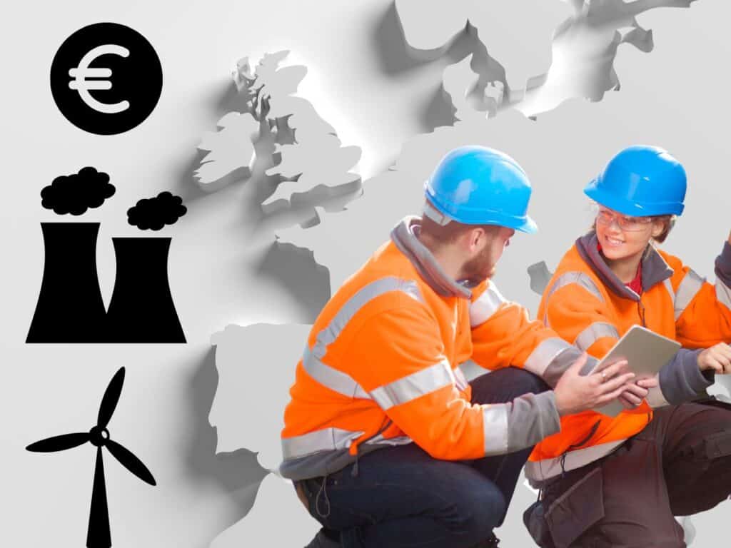 Un technicien et une technicien figurent au premier plan à droit. A gauche, 3 pictos : euros, centrale nucléaire et éolienne. En fond d'image figure la carte de l'Europe.