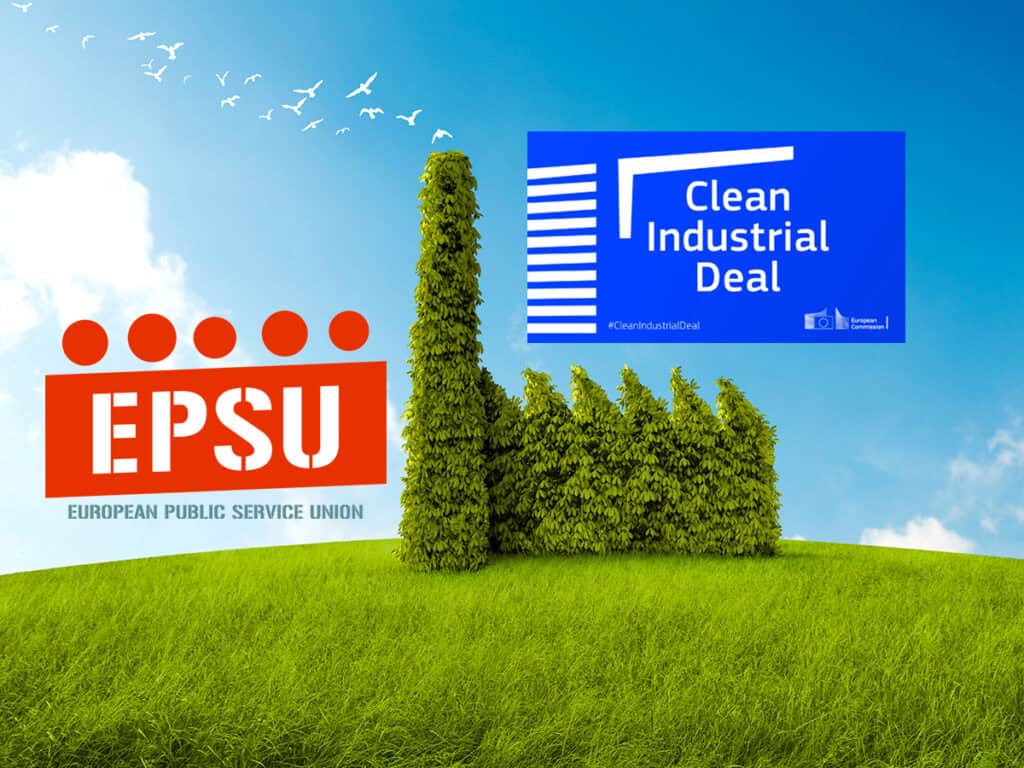 Forme d'usine en feuillage sur un champ d'herbe verte avec un ciel bleun en surimpression le logo orange EPSU European Public Service Union, et le logo bleu du Clean Industrial Deal