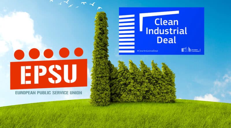 Forme d'usine en feuillage sur un champ d'herbe verte avec un ciel bleun en surimpression le logo orange EPSU European Public Service Union, et le logo bleu du Clean Industrial Deal