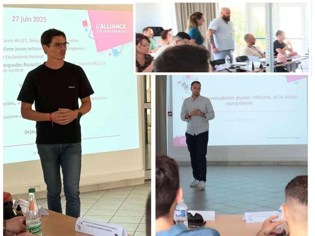 3 jeunes debout devant ecran video projecteur animent le séminaire Ebullescence Occitanie